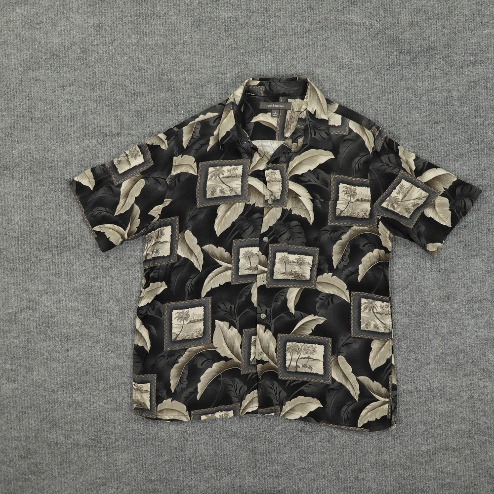 Croft & Barrow Shirt Mens Large Black Hawaiian Palm Tropical Button‎ Up Beach
